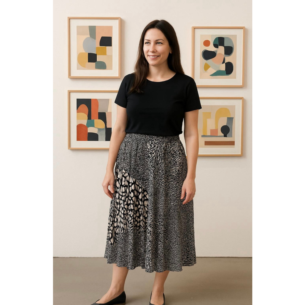Women's DANA BUCHMAN Black White Animal Print Pleated‎ Midi Skirt Lg Artsy Urban